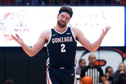 Jan 21, 2023; Stockton, California, USA;  Gonzaga Bulldogs forward Drew Timme (2) reacts during the second half against the Pacific Tigers at Alex G. Spanos Center. Mandatory Credit: Stan Szeto-USA TODAY Sports