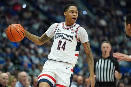 Jan 22, 2023; Hartford, Connecticut, USA; UConn Huskies guard Jordan Hawkins (24) returns the ball against the Butler Bulldogs in the first half at XL Center. Mandatory Credit: David Butler II-USA TODAY Sports