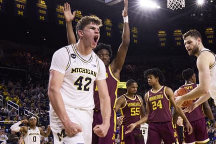 Jan 22, 2023; Ann Arbor, Michigan, USA;  Michigan Wolverines forward Will Tschetter (42) celebrates during the first half against the Minnesota Golden Gophers at Crisler Center. Mandatory Credit: Rick Osentoski-USA TODAY Sports