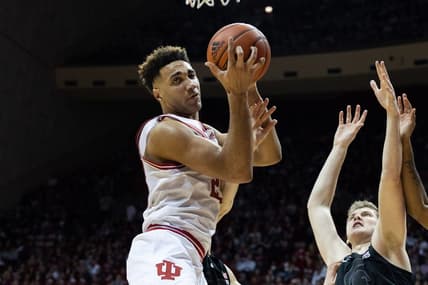 Jan 22, 2023; Bloomington, Indiana, USA; Indiana Hoosiers forward Trayce Jackson-Davis (23) rebounds the ball while Michigan State Spartans forward Jaxon Kohler (0) defends in the second half at Simon Skjodt Assembly Hall. Mandatory Credit: Trevor Ruszkowski-USA TODAY Sports