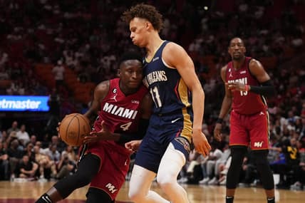 Jan 22, 2023; Miami, Florida, USA; Miami Heat guard Victor Oladipo (4) drives the ball against New Orleans Pelicans guard Dyson Daniels (11) during the first half at Miami-Dade Arena. Mandatory Credit: Jasen Vinlove-USA TODAY Sports
