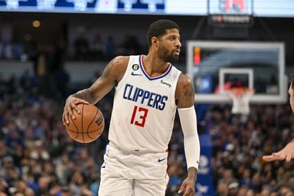 Jan 22, 2023; Dallas, Texas, USA; LA Clippers guard Paul George (13) brings the ball up court against the Dallas Mavericks during the second half at the American Airlines Center. Mandatory Credit: Jerome Miron-USA TODAY Sports