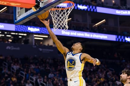 Jan 22, 2023; San Francisco, California, USA; Golden State Warriors guard Jordan Poole (3) lays up the ball against the Brooklyn Nets  during the first half at Chase Center. Mandatory Credit: John Hefti-USA TODAY Sports