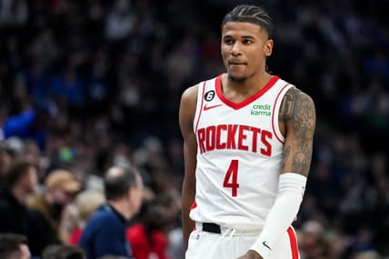 Jan 21, 2023; Minneapolis, Minnesota, USA; Houston Rockets guard Jalen Green (4) looks on during a game between the Minnesota Timberwolves and Houston Rockets at Target Center. Mandatory Credit: Brace Hemmelgarn-USA TODAY Sports