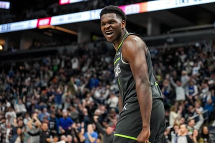 Jan 21, 2023; Minneapolis, Minnesota, USA; Minnesota Timberwolves guard Anthony Edwards (1) celebrates during a game between the Minnesota Timberwolves and Houston Rockets at Target Center. Mandatory Credit: Brace Hemmelgarn-USA TODAY Sports