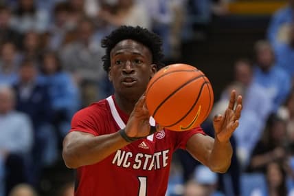 Jan 21, 2023; Chapel Hill, North Carolina, USA; North Carolina State Wolfpack guard Jarkel Joiner (1) passes the ball in the first half at Dean E. Smith Center. Mandatory Credit: Bob Donnan-USA TODAY Sports