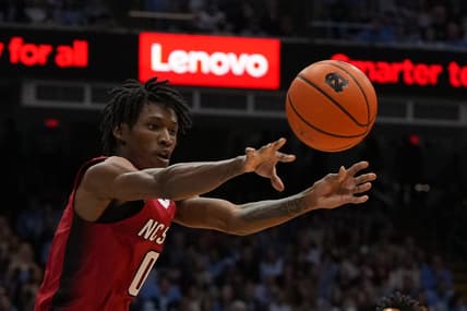 Jan 21, 2023; Chapel Hill, North Carolina, USA; North Carolina State Wolfpack guard Terquavion Smith (0) passes the ball in the first half at Dean E. Smith Center. Mandatory Credit: Bob Donnan-USA TODAY Sports