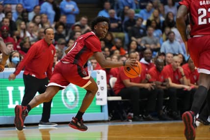 Jan 21, 2023; Chapel Hill, North Carolina, USA; North Carolina State Wolfpack guard Jarkel Joiner (1) leads the fast break in the second half at Dean E. Smith Center. Mandatory Credit: Bob Donnan-USA TODAY Sports