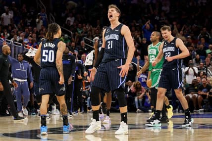 Jan 23, 2023; Orlando, Florida, USA;  Orlando Magic center Moritz Wagner (21) reacts after a basket against the Boston Celtics in the second quarter at Amway Center. Mandatory Credit: Nathan Ray Seebeck-USA TODAY Sports