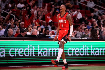 Jan 23, 2023; Houston, Texas, USA; Houston Rockets guard Jalen Green (4) reacts after making a three-point shot against the Minnesota Timberwolves during the third quarter at Toyota Center. Mandatory Credit: Erik Williams-USA TODAY Sports