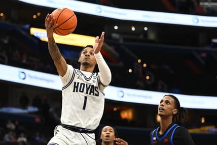 Jan 24, 2023; Washington, District of Columbia, USA; Georgetown Hoyas guard Primo Spears (1) shoots against the DePaul Blue Demons during the second half at Capital One Arena. Mandatory Credit: Brad Mills-USA TODAY Sports