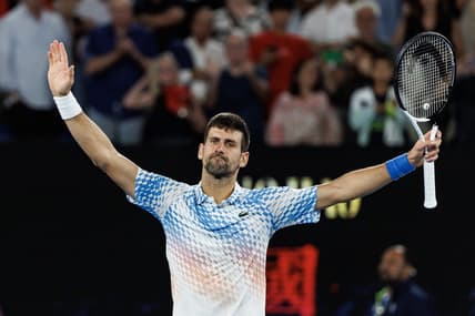 Jan 25, 2023; Melbourne, Victoria, Australia; Novak Djokovic of Serbia celebrates his victory over Andrey Rublev of Russia on day ten of the 2023 Australian Open tennis tournament at Melbourne Park. Mandatory Credit: Mike Frey-USA TODAY Sports
