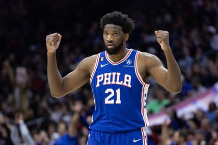 Jan 25, 2023; Philadelphia, Pennsylvania, USA; Philadelphia 76ers center Joel Embiid (21) reacts after a score against the Brooklyn Nets during the second quarter at Wells Fargo Center. Mandatory Credit: Bill Streicher-USA TODAY Sports