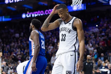 Jan 25, 2023; Philadelphia, Pennsylvania, USA; Brooklyn Nets center Nic Claxton (33) reacts after a Philadelphia 76ers score during the fourth quarter at Wells Fargo Center. Mandatory Credit: Bill Streicher-USA TODAY Sports