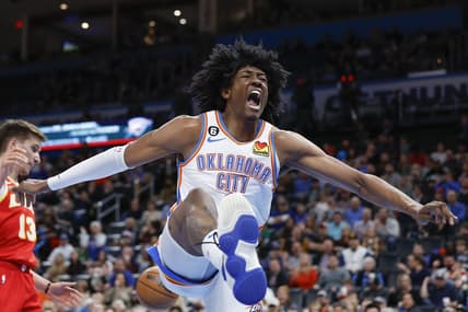 Jan 25, 2023; Oklahoma City, Oklahoma, USA; Oklahoma City Thunder forward Jalen Williams (8) celebrates after dunking against the Atlanta Hawks during the second half at Paycom Center. Mandatory Credit: Alonzo Adams-USA TODAY Sports