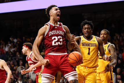 Jan 25, 2023; Minneapolis, Minnesota, USA; Indiana Hoosiers forward Trayce Jackson-Davis (23) reacts to his shot against the Minnesota Golden Gophers during the second half at Williams Arena. Mandatory Credit: Matt Krohn-USA TODAY Sports