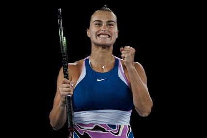Jan 26, 2023; Melbourne, Victoria, Australia; Aryna Sabalenka of Russia celebrates her victory over Magda Linette of Poland on day eleven of the 2023 Australian Open tennis tournament at Melbourne Park. Mandatory Credit: Mike Frey-USA TODAY Sports