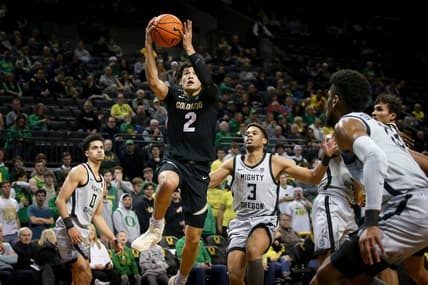 Colorado guard KJ Simpson goes up for a shot as the Oregon Ducks host the Colorado Buffaloes at Matthew Knight Arena in Eugene, Ore. Thursday, Jan. 26, 2023.

Ncaa Basketball Uo Mbb Vs Colorado