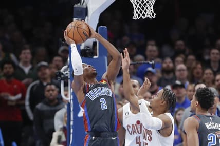 Jan 27, 2023; Oklahoma City, Oklahoma, USA; Oklahoma City Thunder guard Shai Gilgeous-Alexander (2) shoots against the Cleveland Cavaliers during the first quarter at Paycom Center. Mandatory Credit: Alonzo Adams-USA TODAY Sports