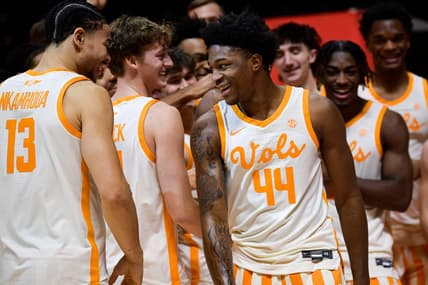 Tennessee guard D.J. Jefferson (44) celebrates a dunk during ESPN's 'College GameDay' broadcast ahead of No. 4 Tennessee's basketball game against No. 10 Texas at Thompson-Boling Arena in Knoxville, Tenn., on Saturday, Jan. 28, 2023.

Kns Ut Basketball College Gameday