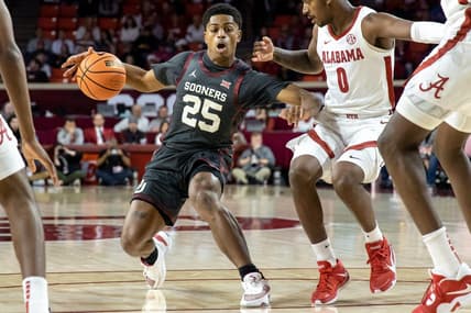 Oklahoma guard Grant Sherfield (25) stops to shoot as Alabama guard Jaden Bradley (0) defends in the first half during a basketball game between The Oklahoma Sooners (OU) and The Alabama Crimson Tide at the Lloyd Noble Center in Norman, Okla., Saturday, Jan. 28, 2023.

Ou Vs Alabama