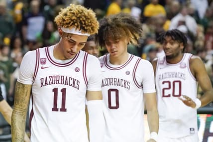 Jan 28, 2023; Waco, Texas, USA; Arkansas Razorbacks forward Jalen Graham (11) and guard Anthony Black (0) leave the court following the game against the Baylor Bears  at Ferrell Center. Mandatory Credit: Raymond Carlin III-USA TODAY Sports