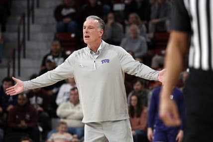 Jan 28, 2023; Starkville, Mississippi, USA; TCU Horned Frogs head coach Jamie Dixon reacts after a foul call during the second half against the Mississippi State Bulldogs at Humphrey Coliseum. Mandatory Credit: Petre Thomas-USA TODAY Sports