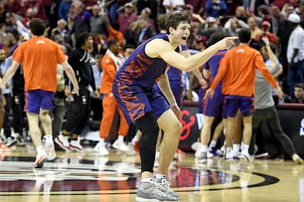 Jan 28, 2023; Tallahassee, Florida, USA; Clemson Tigers forward PJ Hall (24) points to the Florida State Seminoles after winning the game at Donald L. Tucker Center. Mandatory Credit: Melina Myers-USA TODAY Sports