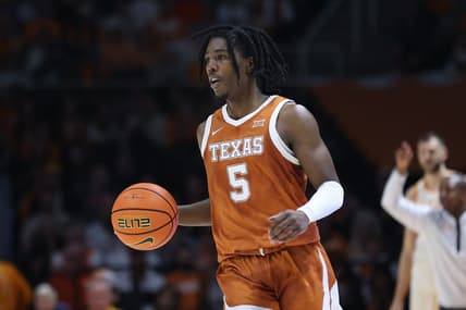 Jan 28, 2023; Knoxville, Tennessee, USA; Texas Longhorns guard Marcus Carr (5) brings the ball up court against the Tennessee Volunteers during the second half at Thompson-Boling Arena. Mandatory Credit: Randy Sartin-USA TODAY Sports