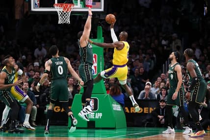 Jan 28, 2023; Boston, Massachusetts, USA; Los Angeles Lakers forward LeBron James (6) shoots during the first half against the Boston Celtics at TD Garden. Mandatory Credit: Paul Rutherford-USA TODAY Sports