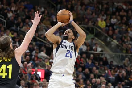 Jan 28, 2023; Salt Lake City, Utah, USA;  Dallas Mavericks guard Spencer Dinwiddie (26) shoots the ball during the second quarter against the Utah Jazz at Vivint Arena. Mandatory Credit: Chris Nicoll-USA TODAY Sports