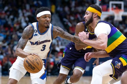 Jan 28, 2023; New Orleans, Louisiana, USA;  Washington Wizards guard Bradley Beal (3) dribbles against New Orleans Pelicans forward Larry Nance Jr. (22) during the second half at Smoothie King Center. Mandatory Credit: Stephen Lew-USA TODAY Sports
