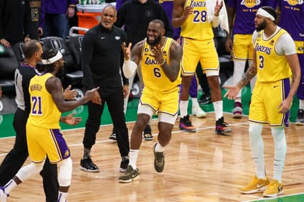 Jan 28, 2023; Boston, Massachusetts, USA; Los Angeles Lakers forward LeBron James (6) reacts during the second half against the Boston Celtics at TD Garden. Mandatory Credit: Paul Rutherford-USA TODAY Sports