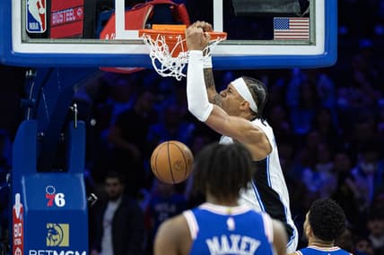 Jan 30, 2023; Philadelphia, Pennsylvania, USA; Orlando Magic forward Paolo Banchero (5) dunks the ball against the Philadelphia 76ers during the fourth quarter at Wells Fargo Center. Mandatory Credit: Bill Streicher-USA TODAY Sports