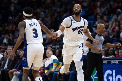 Jan 28, 2023; New Orleans, Louisiana, USA; Washington Wizards forward Taj Gibson (67) and guard Bradley Beal (3) against the New Orleans Pelicans during the first half at Smoothie King Center. Mandatory Credit: Stephen Lew-USA TODAY Sports