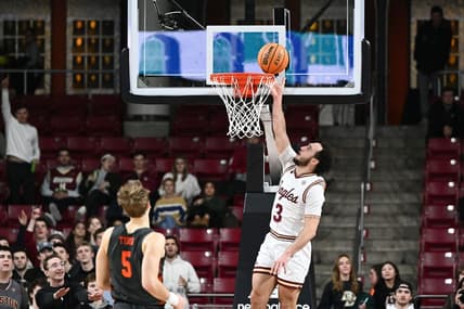 Jan 31, 2023; Chestnut Hill, Massachusetts, USA; Boston College Eagles guard Jaeden Zackery (3) scores against the Clemson Tigers during the first half at the Conte Forum. Mandatory Credit: Brian Fluharty-USA TODAY Sports