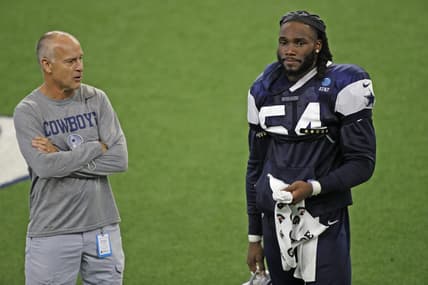 Aug 24, 2020; Frisco, TX, USA;  Dallas Cowboys player Jaylon Smith (right) talks with Mike Nolan during training camp at Ford Center at The Star in Frisco, Texas.   Mandatory Credit: James D. Smith via USA TODAY Sports