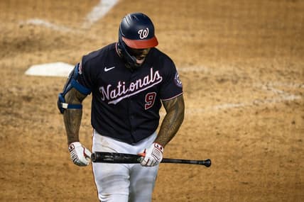Sep 11, 2020; Washington, District of Columbia, USA; Washington Nationals first baseman Eric Thames (9) reacts against the Atlanta Braves during the ninth inning at Nationals Park. Mandatory Credit: Scott Taetsch-USA TODAY Sports