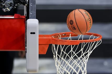 Mar 10, 2021; Indianapolis, Indiana, USA; A view of the official Big Ten Conference Tournament logo on the Spalding game ball during the game between the Minnesota Golden Gophers and the Northwestern Wildcats in the second half at Lucas Oil Stadium. Mandatory Credit: Aaron Doster-USA TODAY Sports