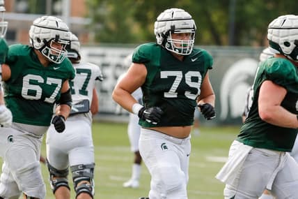 Michigan State offensive tackle Jarrett Horst (79) runs off the field after a drill Wednesday, Aug. 11, 2021 at the team's practice facility in East Lansing.