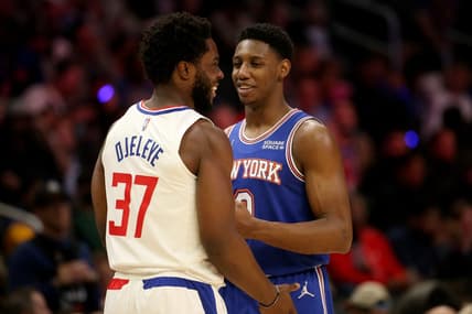 Mar 6, 2022; Los Angeles, California, USA; New York Knicks guard RJ Barrett (9) talks with Los Angeles Clippers forward Semi Ojeleye (37) during the second half at Crypto.com Arena. The Knicks won 116-93. Mandatory Credit: Kiyoshi Mio-USA TODAY Sports
