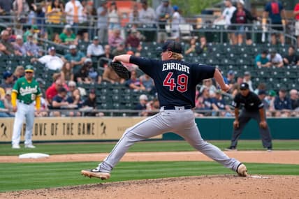 Mar 20, 2022; Mesa, Arizona, USA; Cleveland Guardians pitcher Nic Enright (49) on the mound in the fifth inning against the Oakland Athletics during spring training at Hohokam Stadium. Mandatory Credit: Allan Henry-USA TODAY Sports