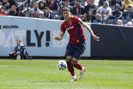 Apr 17, 2022; New York, New York, USA; Real Salt Lake midfielder Damir Kreilach (8) controls the ball against New York City FC during the second half at Yankee Stadium. Mandatory Credit: Gregory Fisher-USA TODAY Sports