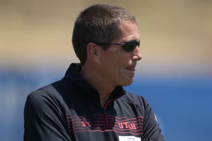 Jun 3, 2022; Thousand Oaks, CA, USA; Utah Utes offensive coordinator Andy Ludwig watches Los Angeles Rams organized team activities at California Lutheran University. Mandatory Credit: Kirby Lee-USA TODAY Sports