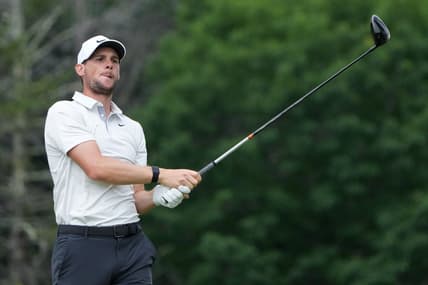 Jun 17, 2022; Brookline, Massachusetts, USA; Thomas Pieters watches his shot from the eighth tee during the second round of the U.S. Open golf tournament. Mandatory Credit: John David Mercer-USA TODAY Sports