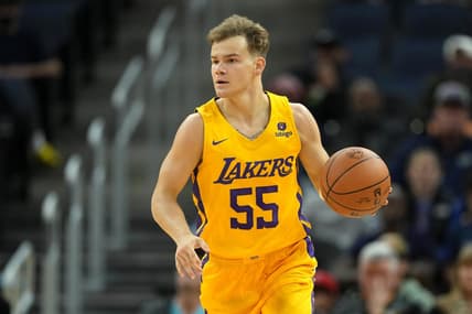 Jul 2, 2022; San Francisco, CA, USA; Los Angeles Lakers guard Mac McClung (55) dribbles against the Miami Heat during the fourth quarter at the California Summer League at Chase Center. Mandatory Credit: Darren Yamashita-USA TODAY Sports