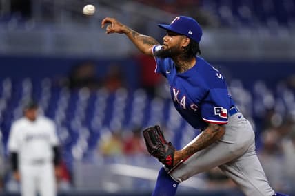 Jul 21, 2022; Miami, Florida, USA; Texas Rangers relief pitcher Dennis Santana (19) delivers a pitch in the ninth inning against the Miami Marlins at loanDepot park. Mandatory Credit: Jasen Vinlove-USA TODAY Sports