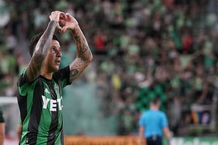 Aug 6, 2022; Austin, Texas, USA;  Austin FC star Sebastian Driussi (7) celebrates his goal during the first half against the San Jose Earthquakes at Q2 Stadium. Mandatory Credit: Scott Wachter-USA TODAY Sports