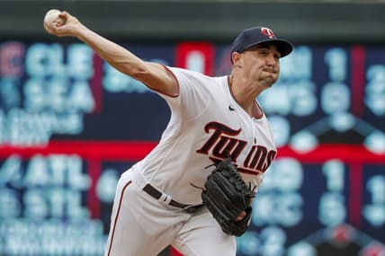 Aug 28, 2022; Minneapolis, Minnesota, USA; Minnesota Twins starting pitcher Aaron Sanchez (43) throws to the San Francisco Giants in the second inning at Target Field. Mandatory Credit: Bruce Kluckhohn-USA TODAY Sports