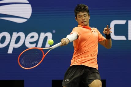 Sep 2, 2022; Flushing, NY, USA; Yibing Wu (CHN) hits a forehand against Daniil Medvedev (not pictured) on day five of the 2022 U.S. Open tennis tournament at USTA Billie Jean King Tennis Center. Mandatory Credit: Geoff Burke-USA TODAY Sports